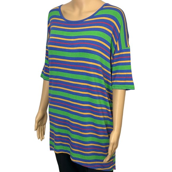 LuLaRoe Women's M Striped Green Blue Yellow Short Sleeve Irma Tunic Blouse Shirt - Picture 4 of 11